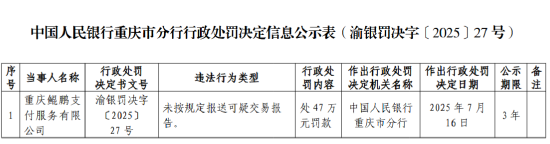 鲲鹏支付被罚47万元：未按规定报送可疑交易报告 第1张