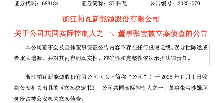ST帕瓦实控人被立案侦查！占用公司资金近2亿元 第1张