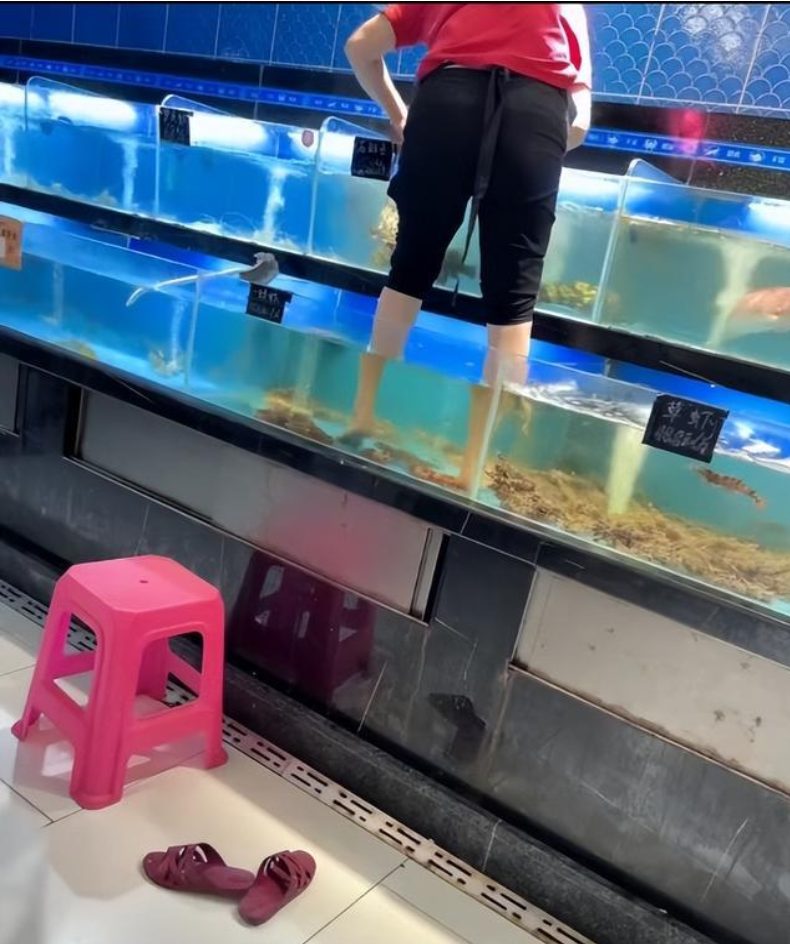 一位女士赤着双脚在鱼缸上擦拭玻璃，客人：既干净又埋汰，超市回应：该区域海鲜全下架