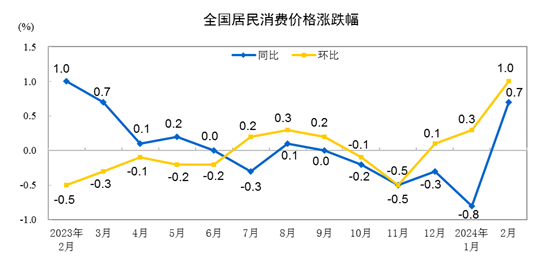 国家统计局：2024年2月份居民消费价格环比上涨1.0% 第1张