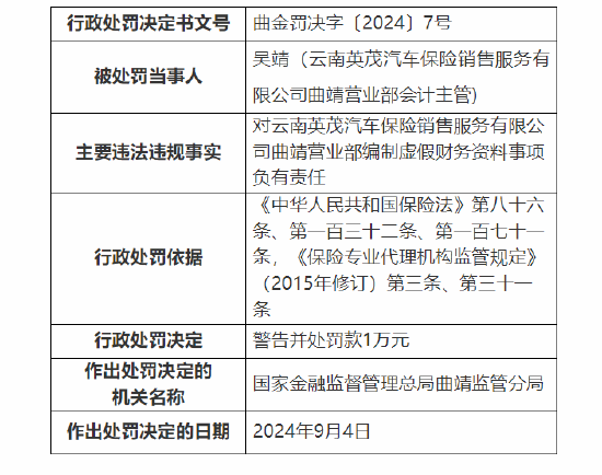 云南英茂汽车保险销售服务有限公司曲靖营业部被罚11万：因编制虚假财务资料 第2张