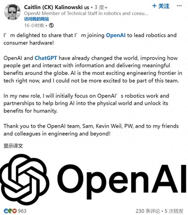 OpenAI变“硬”了！招揽Meta AR眼镜负责人领导机器人业务 第1张