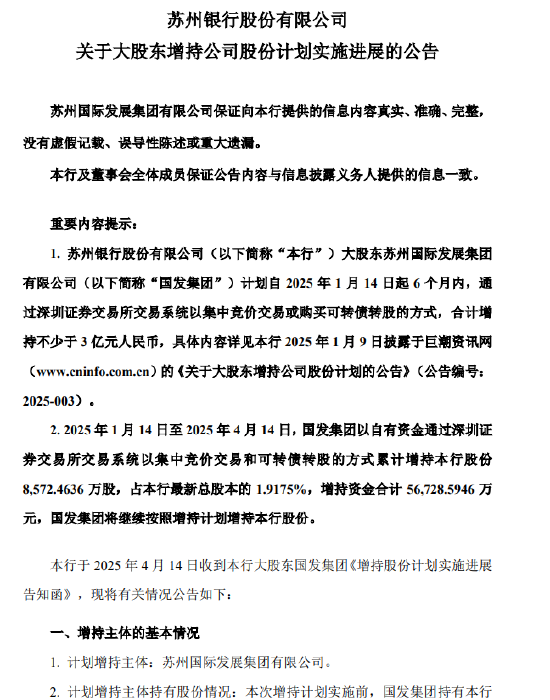 苏州银行：大股东国发集团已累计增持8572万股 第1张
