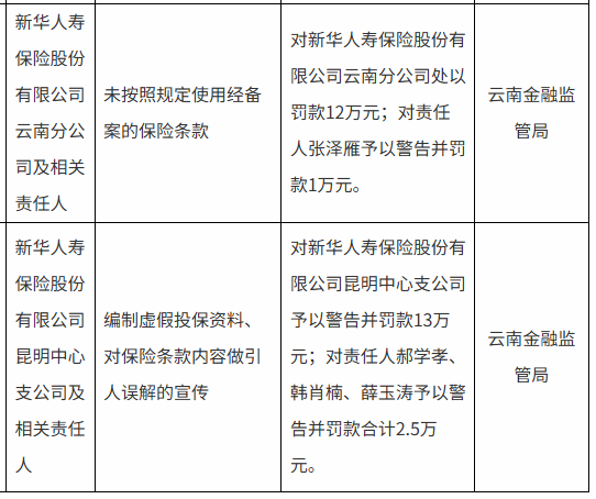 新华保险云南分公司与昆明中心支公司合计被罚25万元：未按照规定使用经备案的保险条款等 第1张